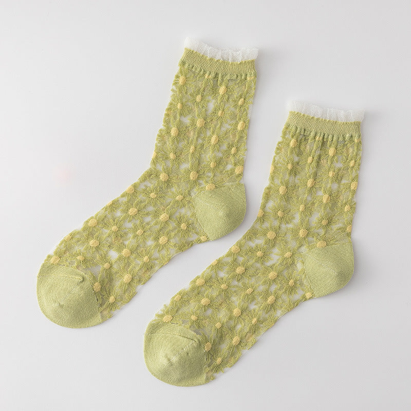 Floral Dot Sheer Mesh Frill Socks - Green