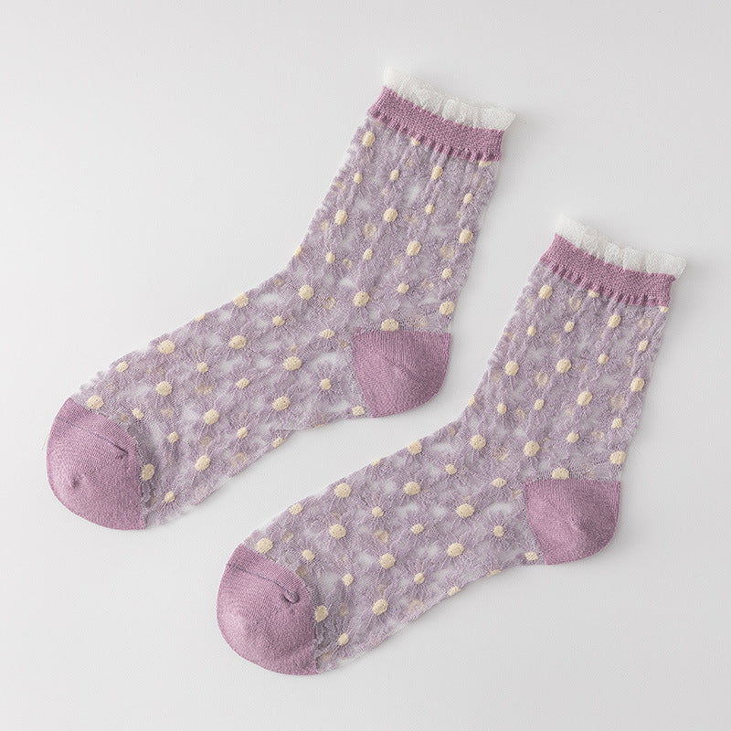 Floral Dot Sheer Mesh Frill Socks - Purple