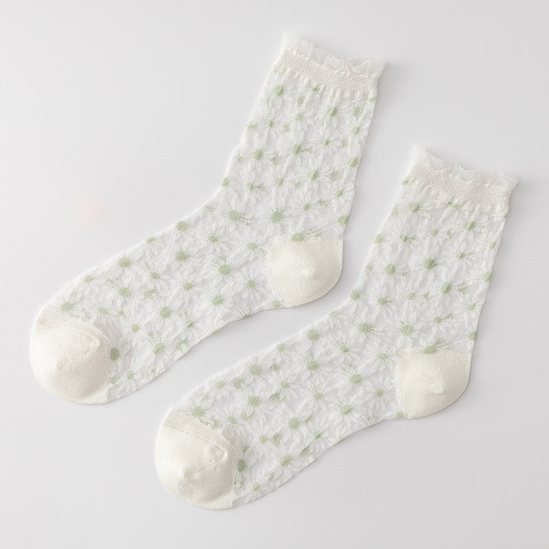 Floral Dot Sheer Mesh Frill Socks - White