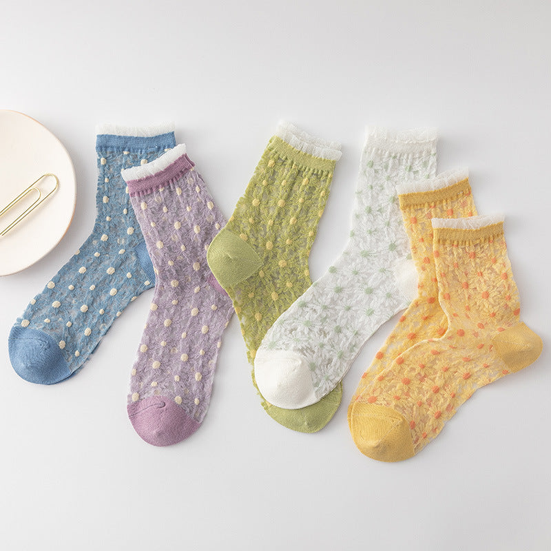 Floral Dot Sheer Mesh Frill Socks - White - 1