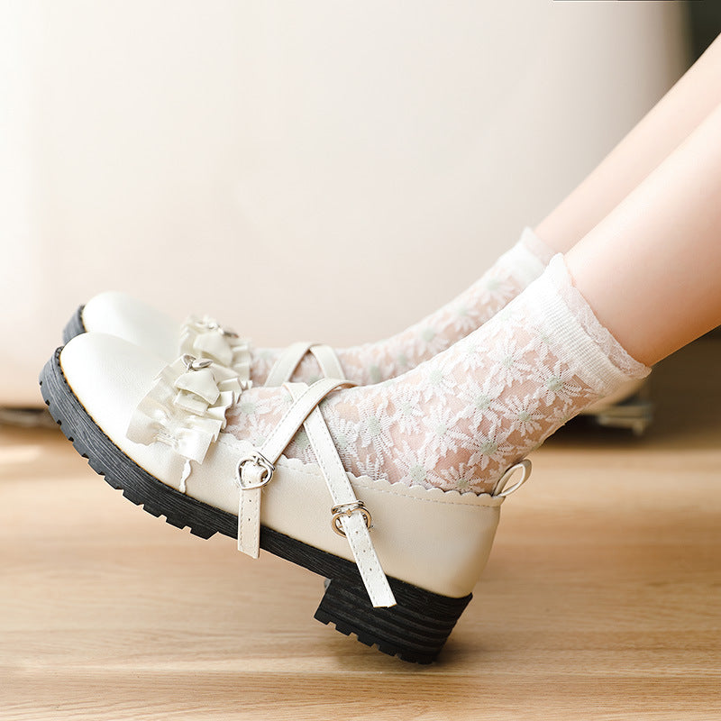 Floral Dot Sheer Mesh Frill Socks - White - 2