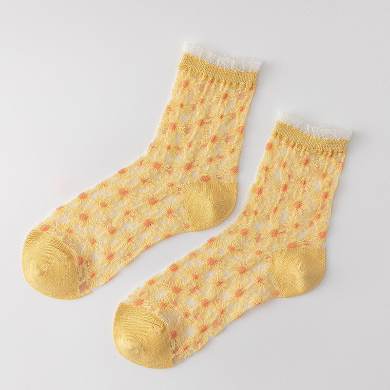 Floral Dot Sheer Mesh Frill Socks - Yellow - 1