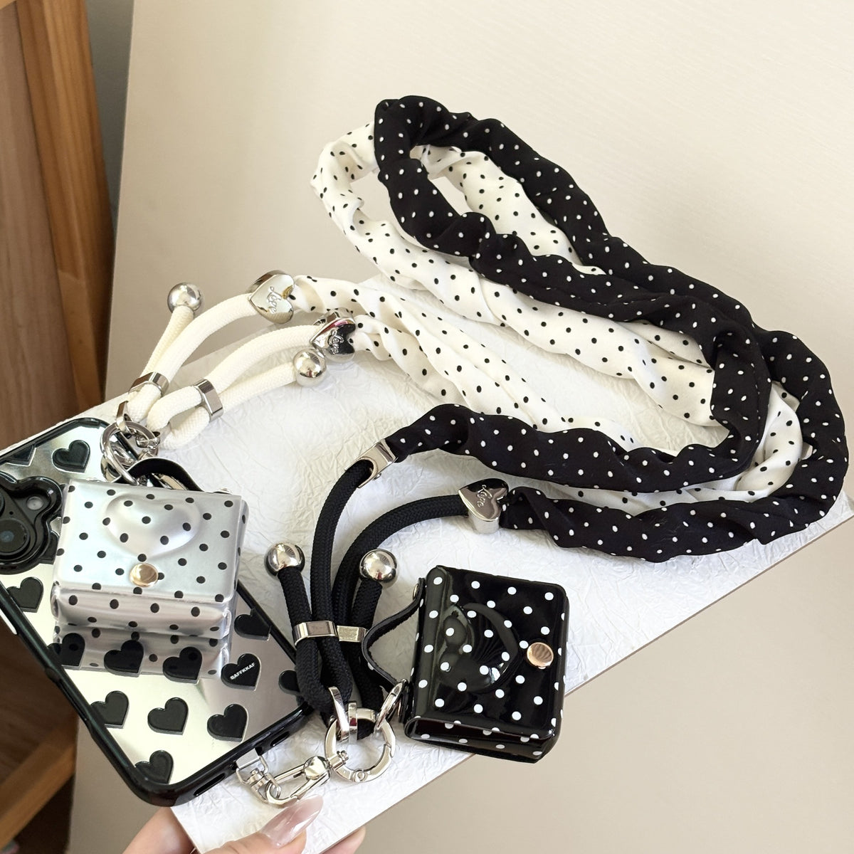 Ruched Dot Print Crossbody Phone Lanyard - Beige - 1