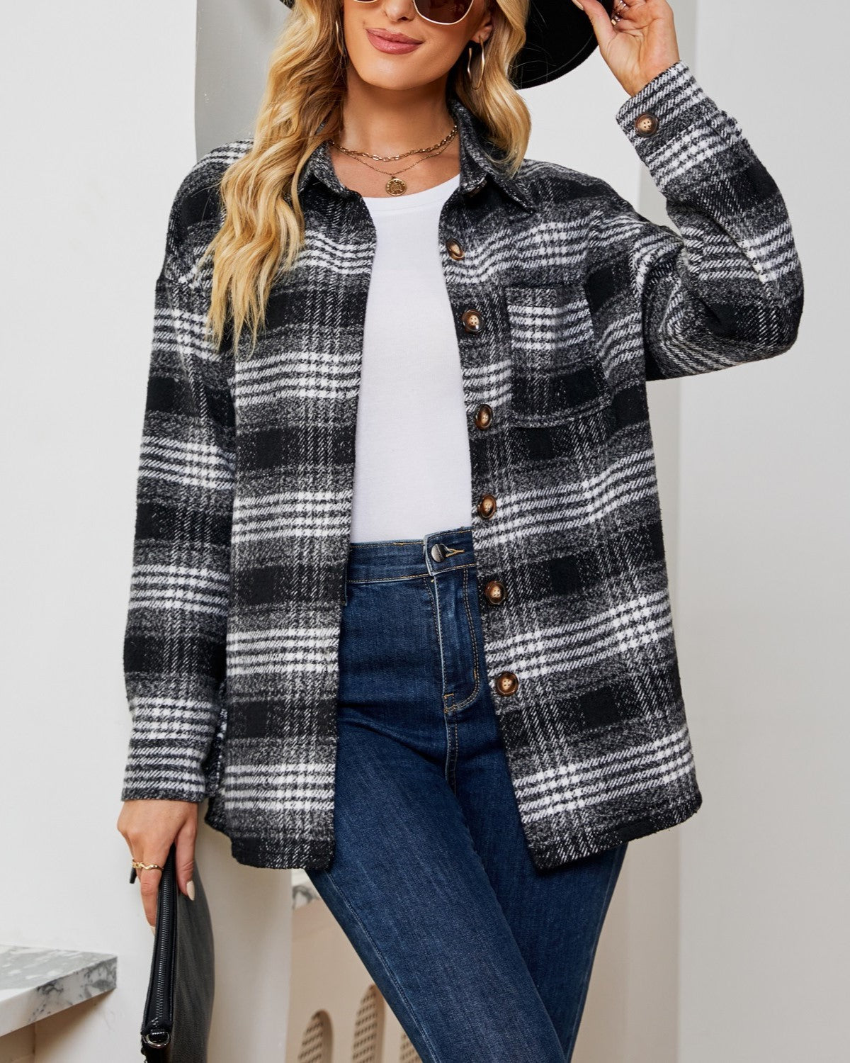 Cozy Brushed Plaid Overshirt Jacket - Black - 2