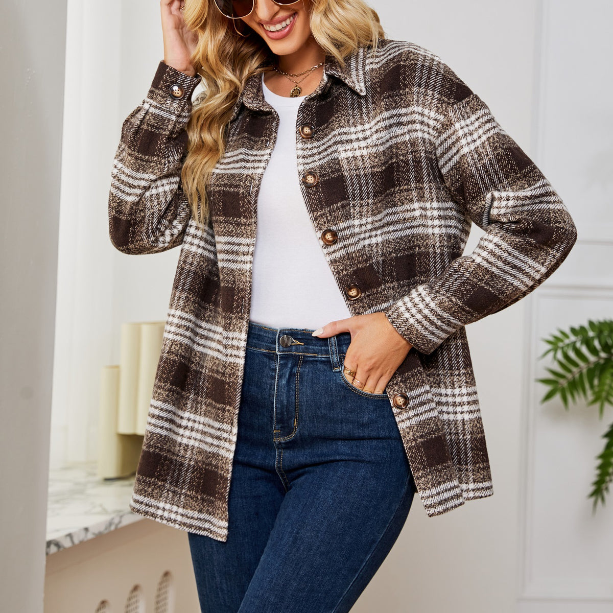 Cozy Brushed Plaid Overshirt Jacket - Brown - 2
