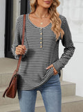Striped Henley Button Long Sleeve Knit Top - Black