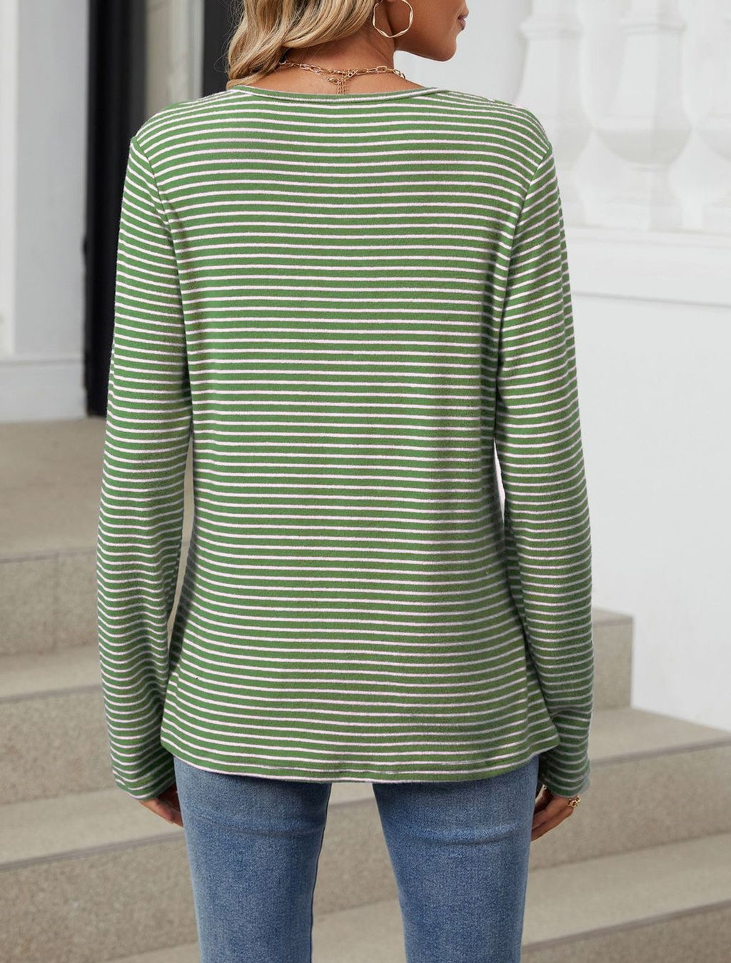 Striped Henley Button Long Sleeve Knit Top - Green - 1