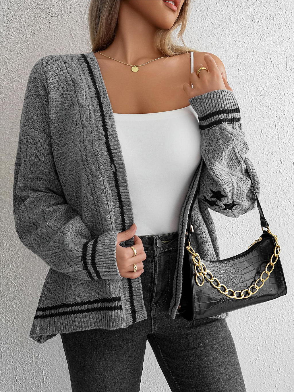Star Patch Varsity Stripe Cable Cardigan - Grey