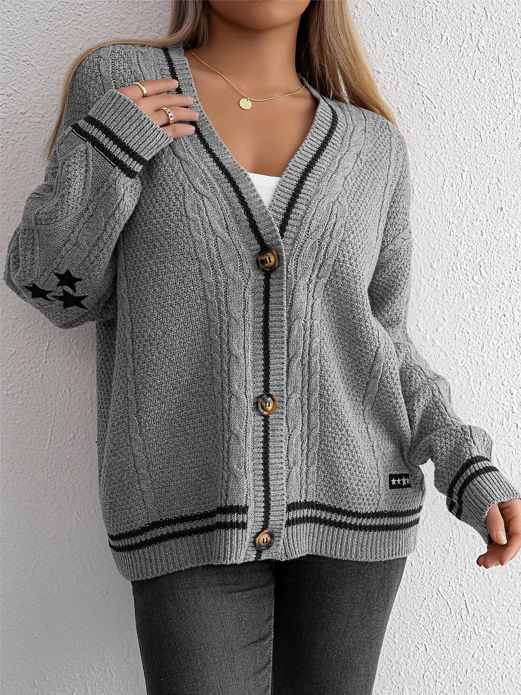 Star Patch Varsity Stripe Cable Cardigan - Grey - 1