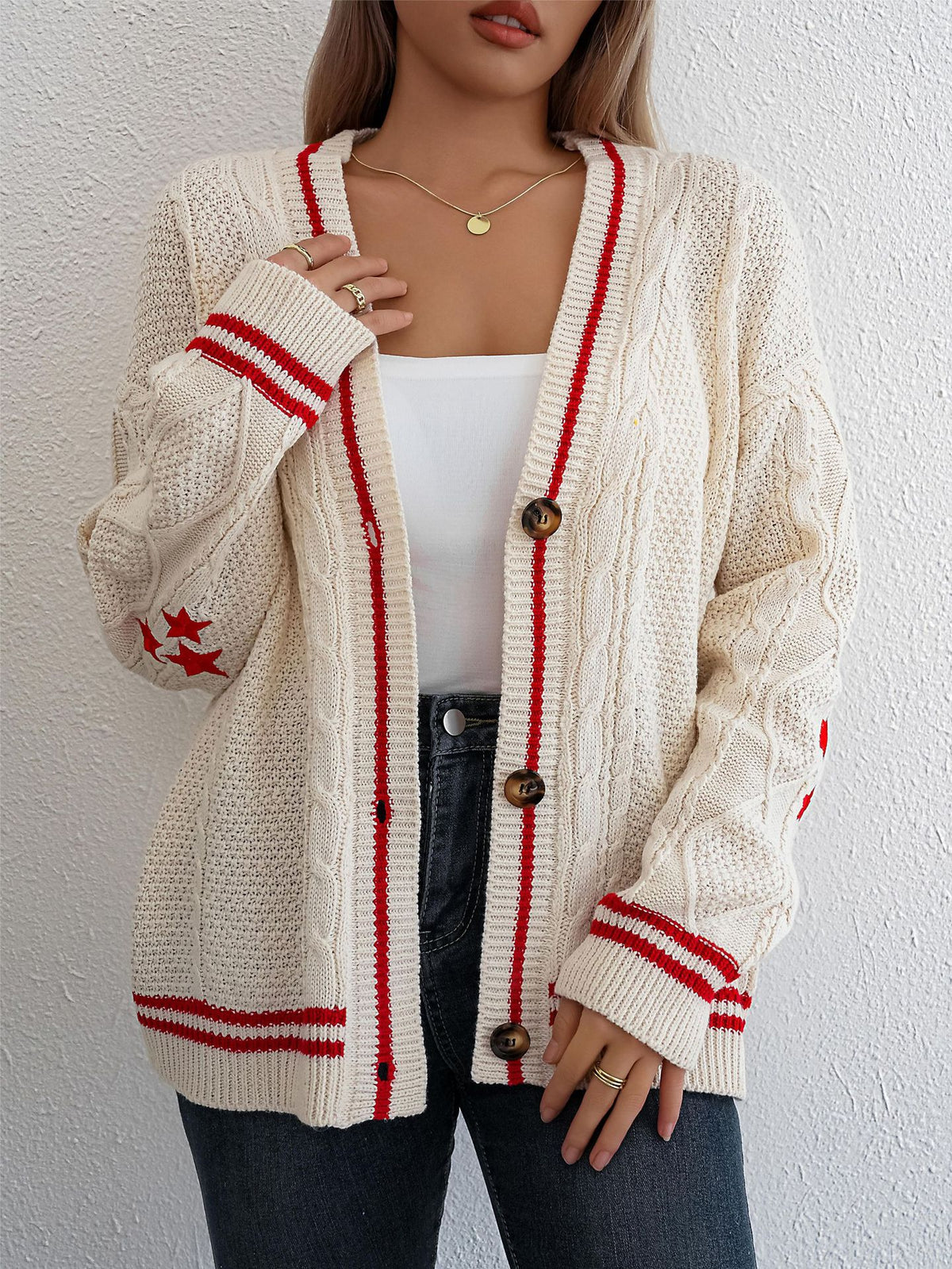 Star Patch Varsity Stripe Cable Cardigan - Red