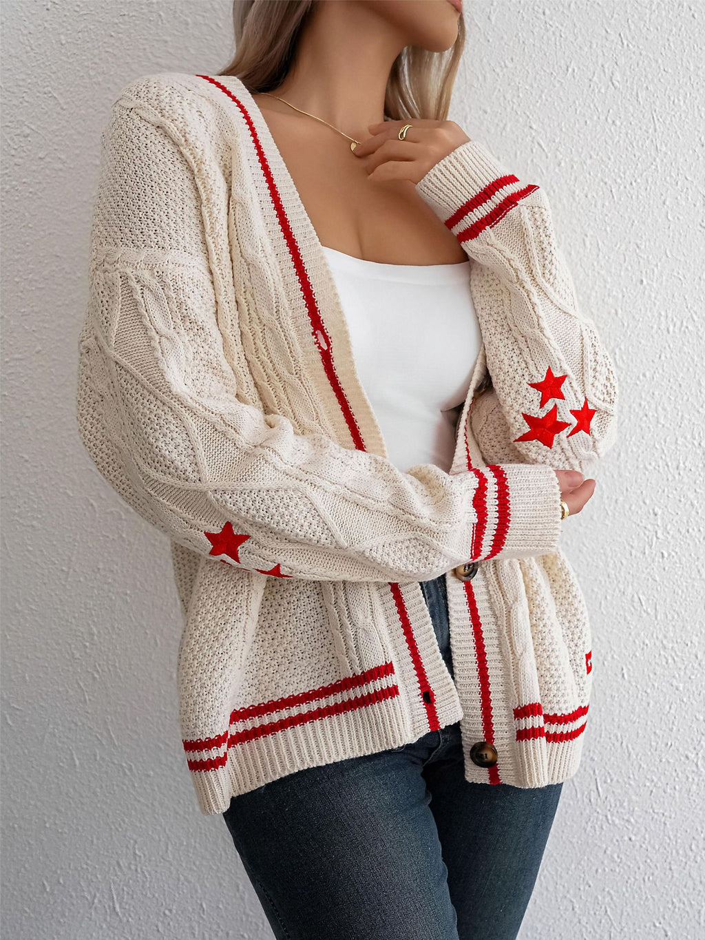 Star Patch Varsity Stripe Cable Cardigan - Red - 1