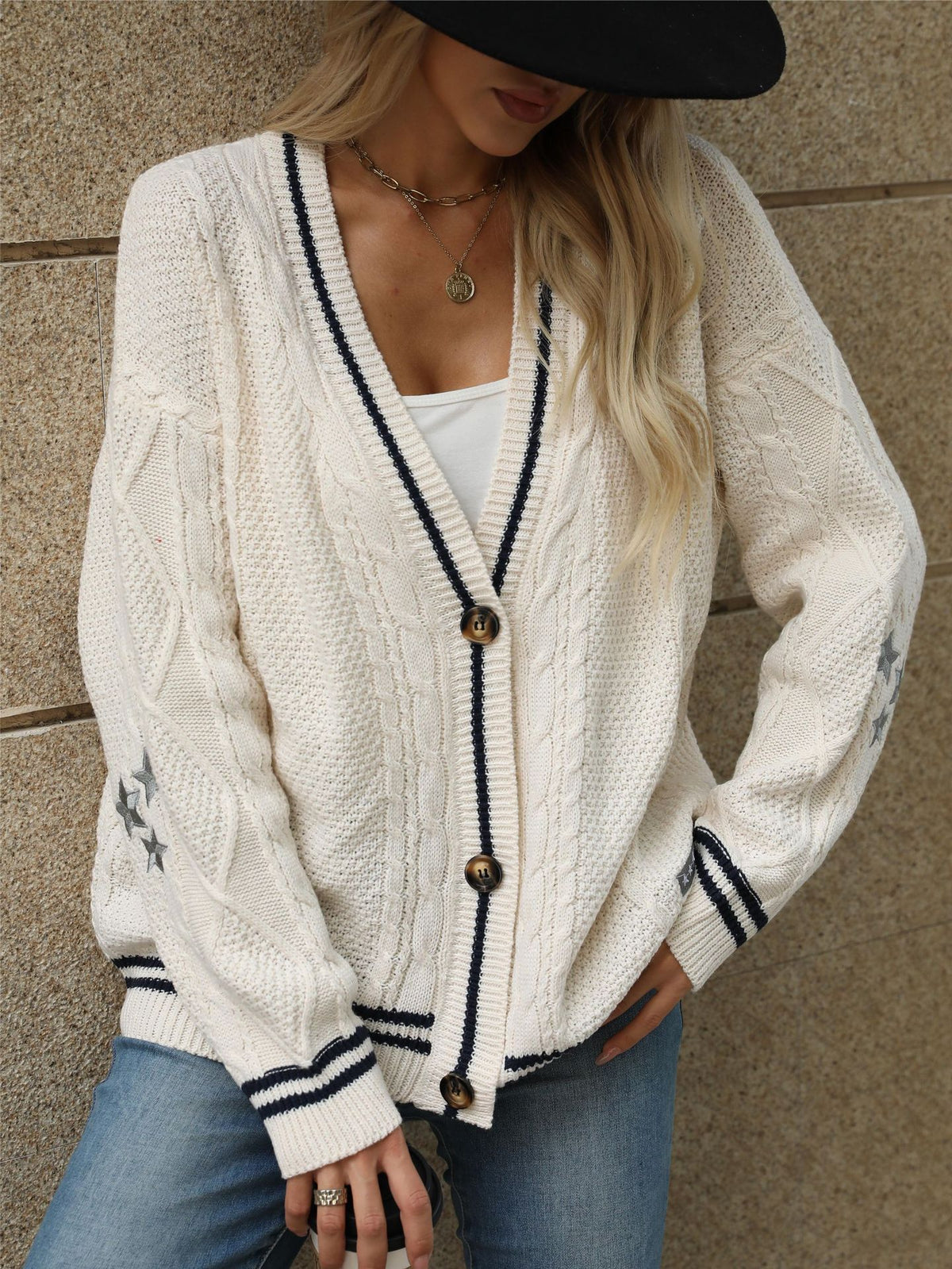 Star Patch Varsity Stripe Cable Cardigan - White