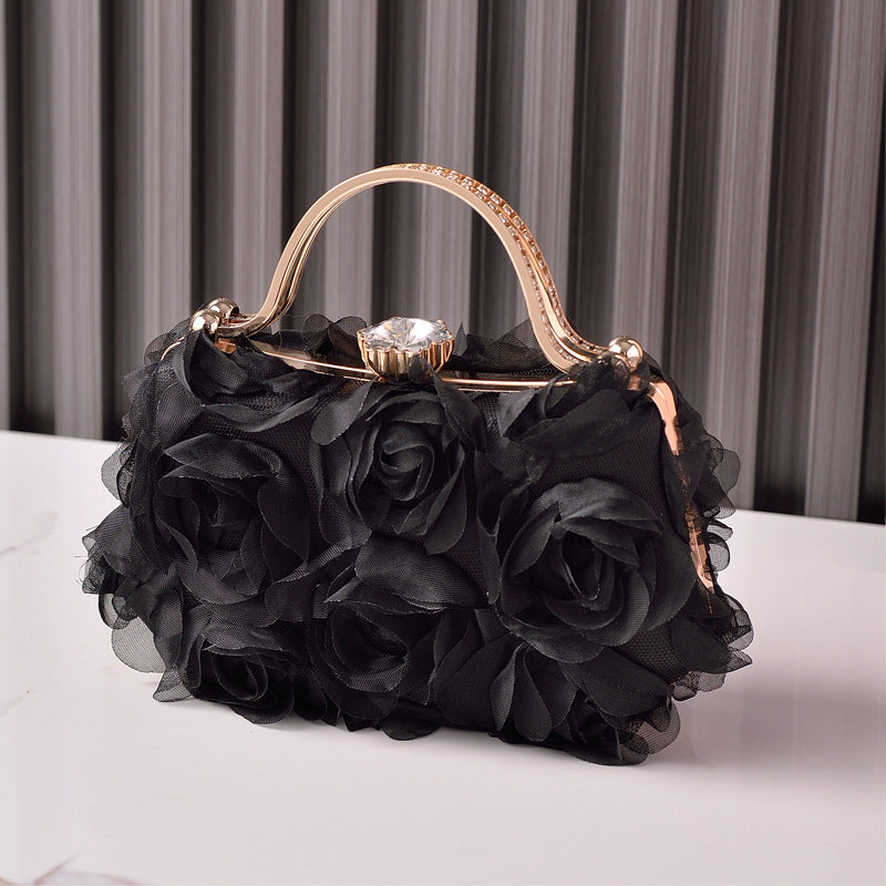 Rosette Evening Clutch With Crystal Clasp - Black