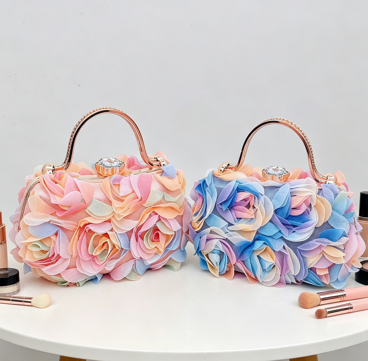 Rosette Evening Clutch With Crystal Clasp - CPink