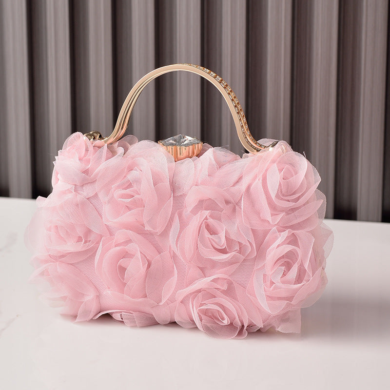 Rosette Evening Clutch With Crystal Clasp - Pink