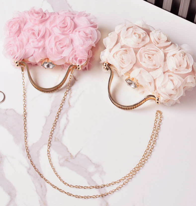 Rosette Evening Clutch With Crystal Clasp - Pink - 1