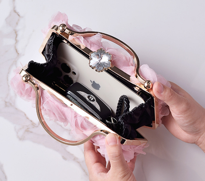 Rosette Evening Clutch With Crystal Clasp - Pink - 2