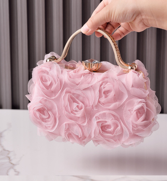 Rosette Evening Clutch With Crystal Clasp - Pink - 3