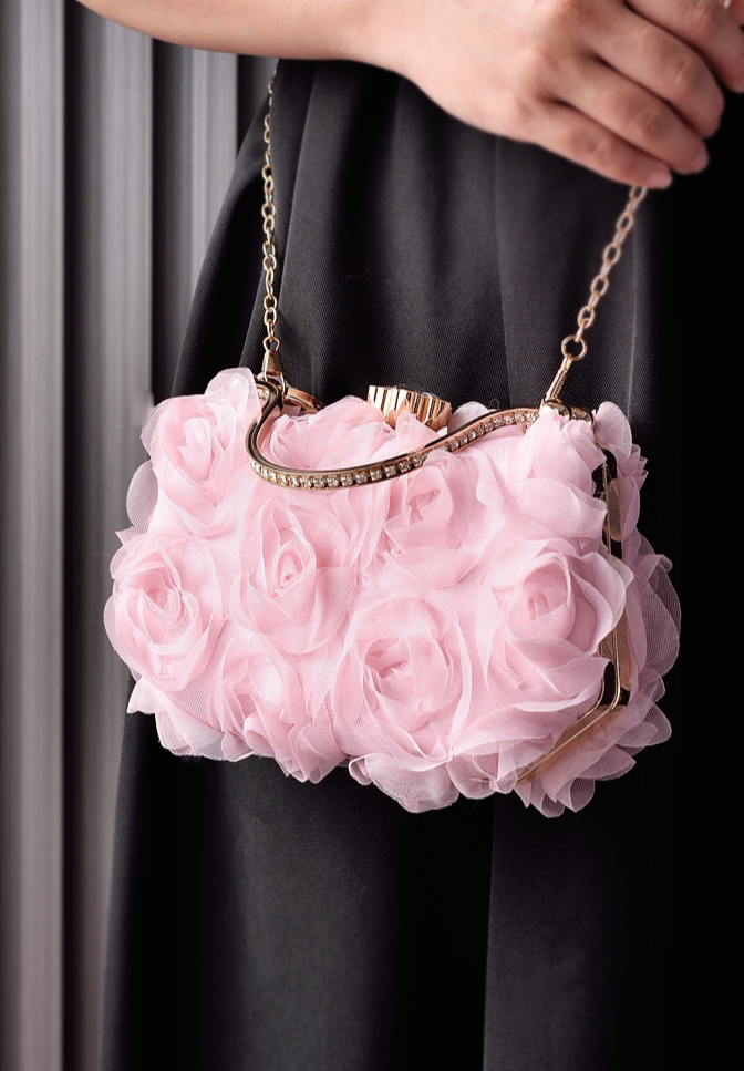 Rosette Evening Clutch With Crystal Clasp - Pink - 4