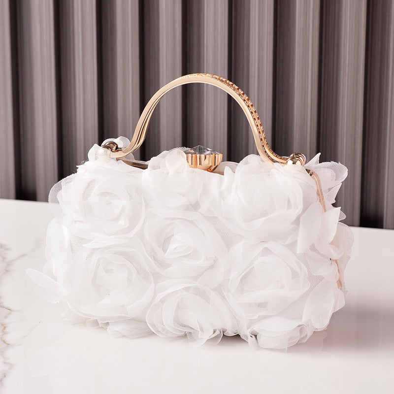 Rosette Evening Clutch With Crystal Clasp - White