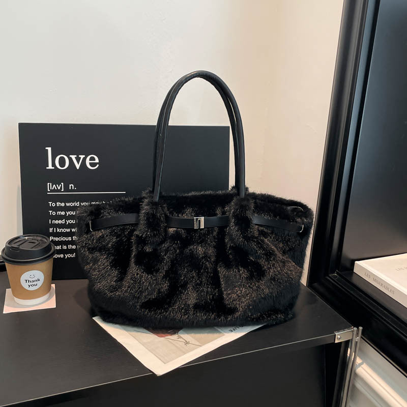 Fuzzy Faux Fur Belted Slouchy Shoulder Tote Bag - Black