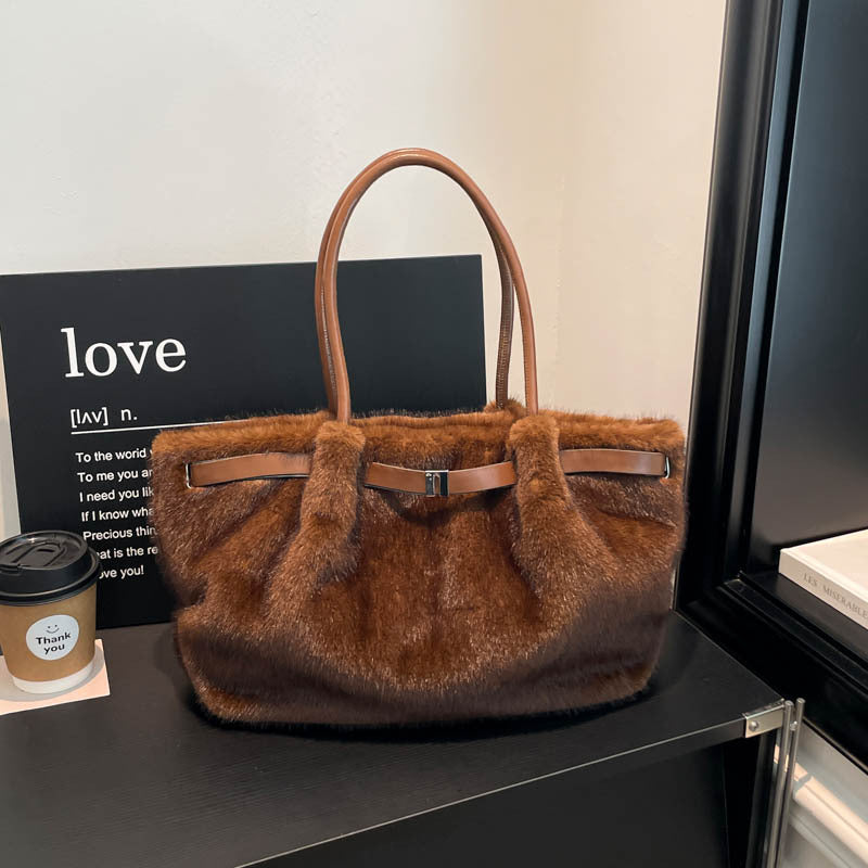 Fuzzy Faux Fur Belted Slouchy Shoulder Tote Bag - Brown