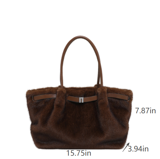 Fuzzy Faux Fur Belted Slouchy Shoulder Tote Bag - Coffee - 1