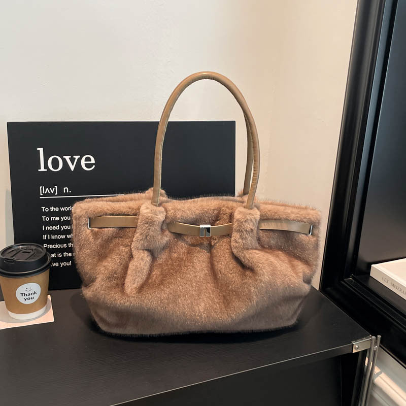 Fuzzy Faux Fur Belted Slouchy Shoulder Tote Bag - Khaki