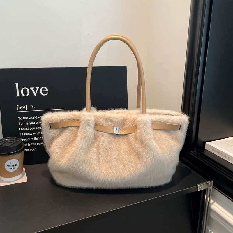 Fuzzy Faux Fur Belted Slouchy Shoulder Tote Bag - Off_White