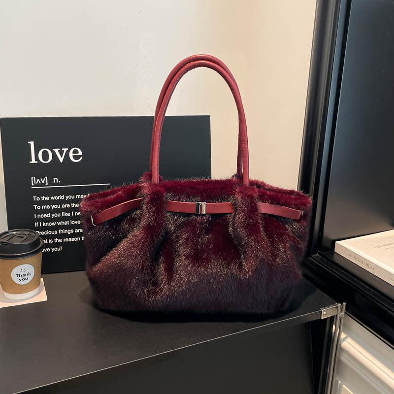 Fuzzy Faux Fur Belted Slouchy Shoulder Tote Bag - Red