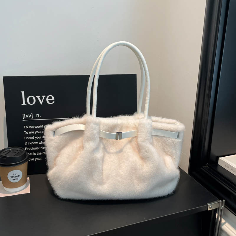Fuzzy Faux Fur Belted Slouchy Shoulder Tote Bag - White