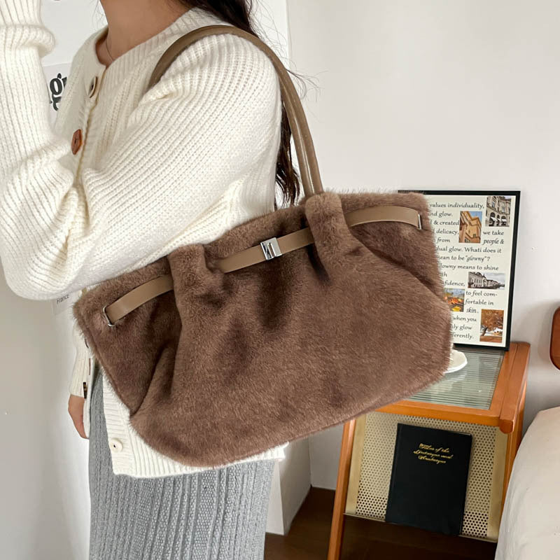 Fuzzy Faux Fur Belted Slouchy Shoulder Tote Bag