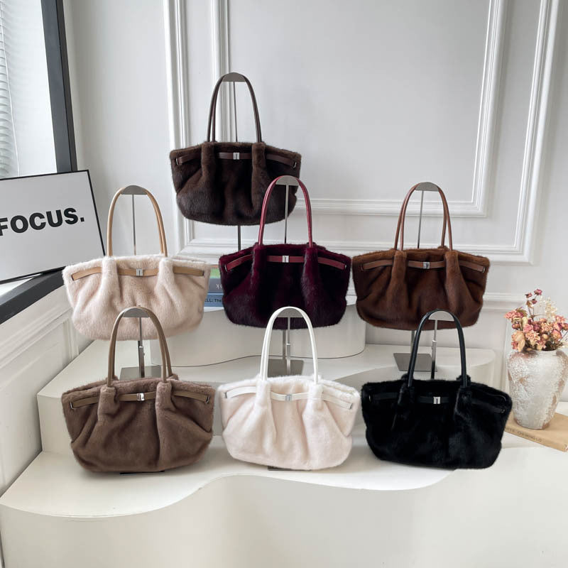 Fuzzy Faux Fur Belted Slouchy Shoulder Tote Bag - view 2