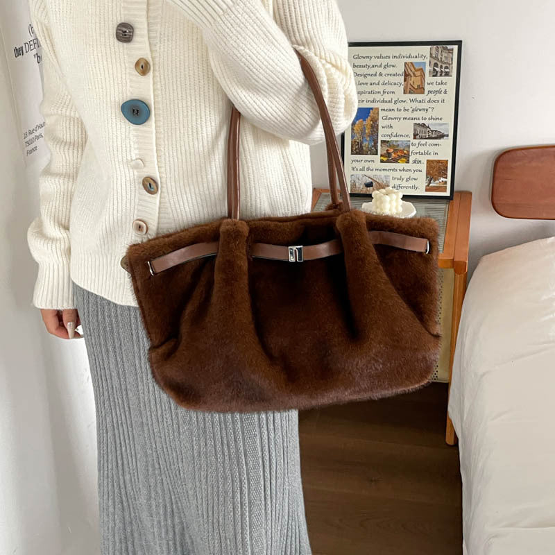 Fuzzy Faux Fur Belted Slouchy Shoulder Tote Bag - view 3