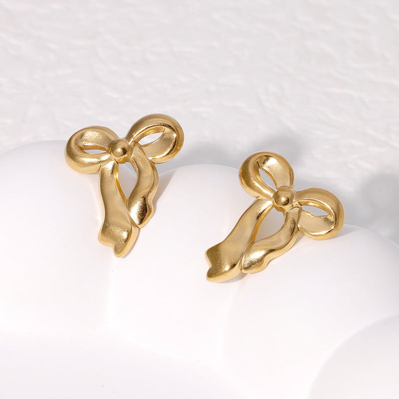 Polished Sculptural Bow Stud Earrings - Gold