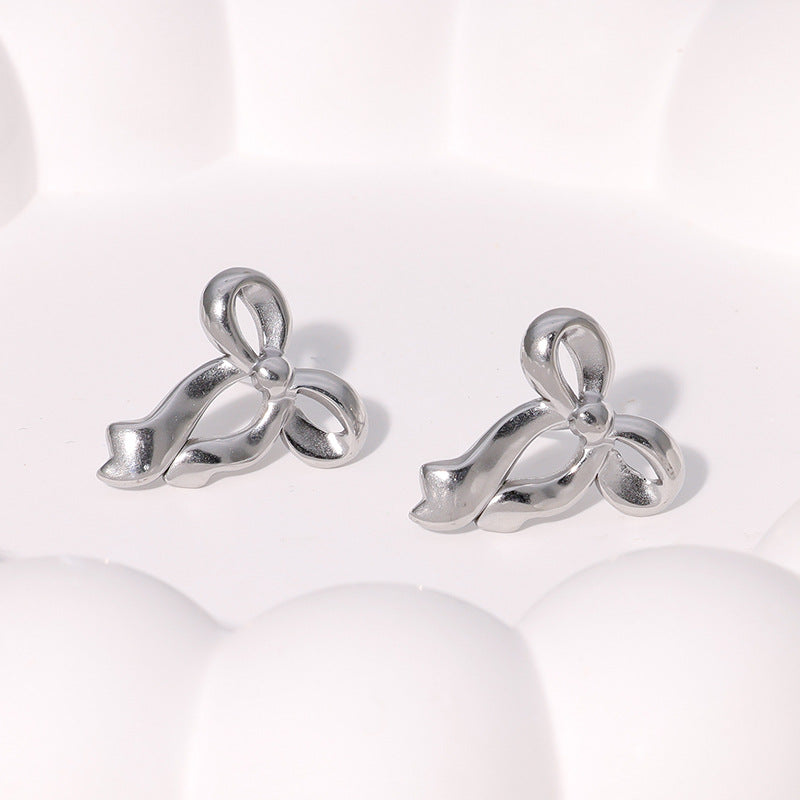 Polished Sculptural Bow Stud Earrings - Steel