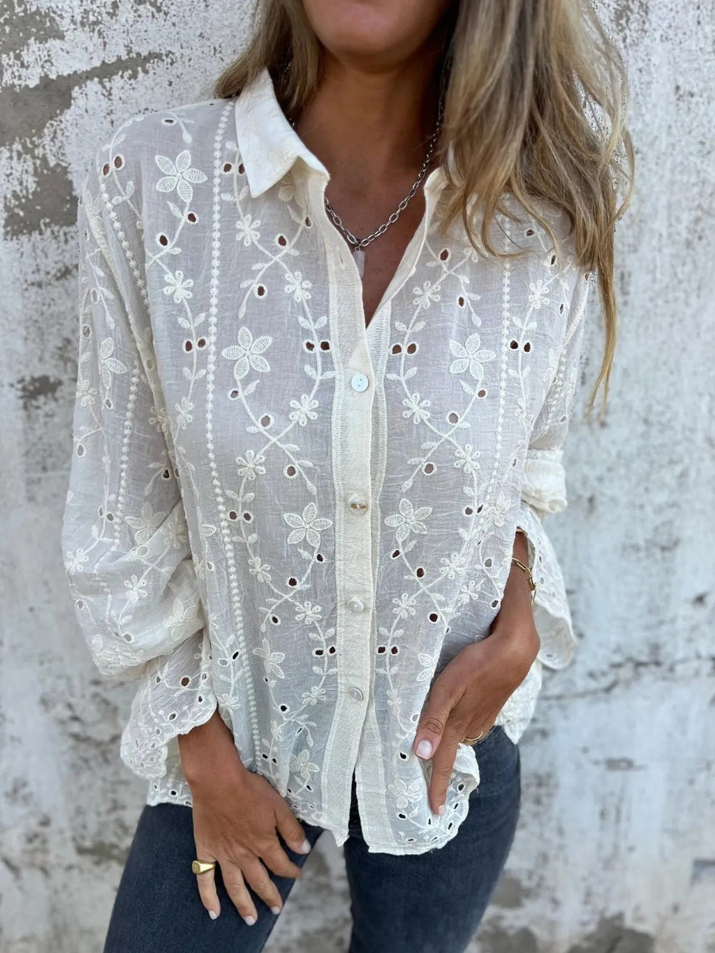 Eyelet Embroidered Long Sleeve Button Down Shirt - Beige