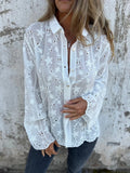 Eyelet Embroidered Long Sleeve Button Down Shirt - White