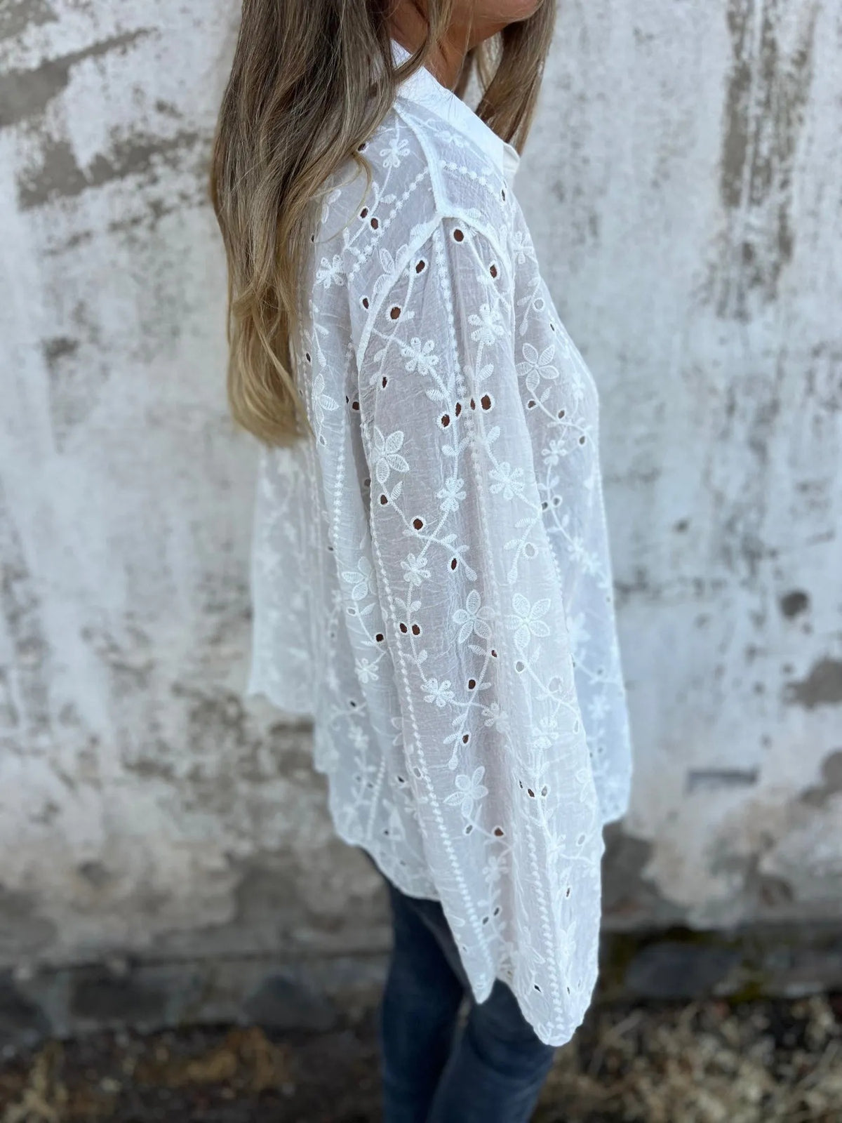 Eyelet Embroidered Long Sleeve Button Down Shirt - White - 1