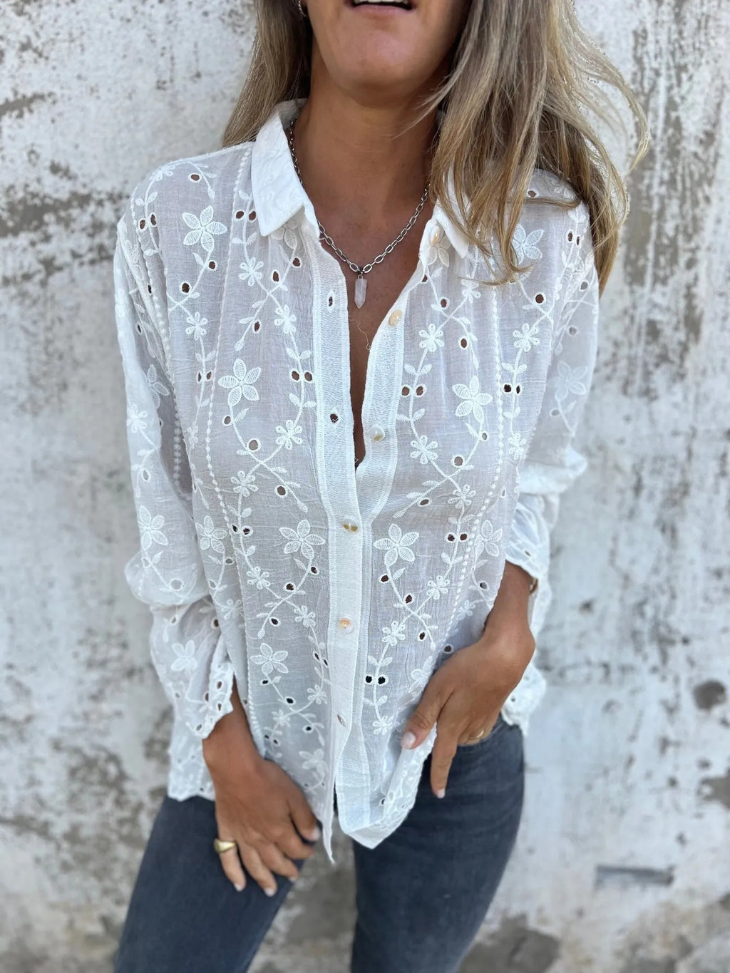 Eyelet Embroidered Long Sleeve Button Down Shirt - White - 2