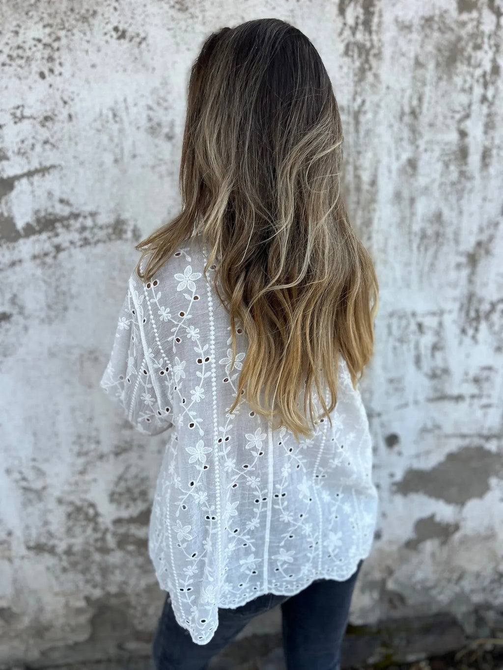 Eyelet Embroidered Long Sleeve Button Down Shirt - White - 3