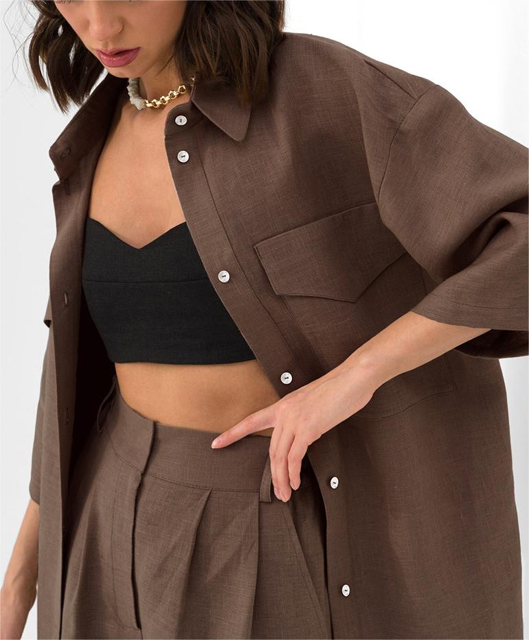 Boxy Pocket Shirt and Pleated Short Set - Coffee
