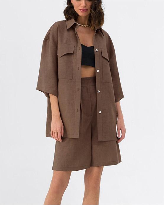 Boxy Pocket Shirt and Pleated Short Set - Coffee - 2