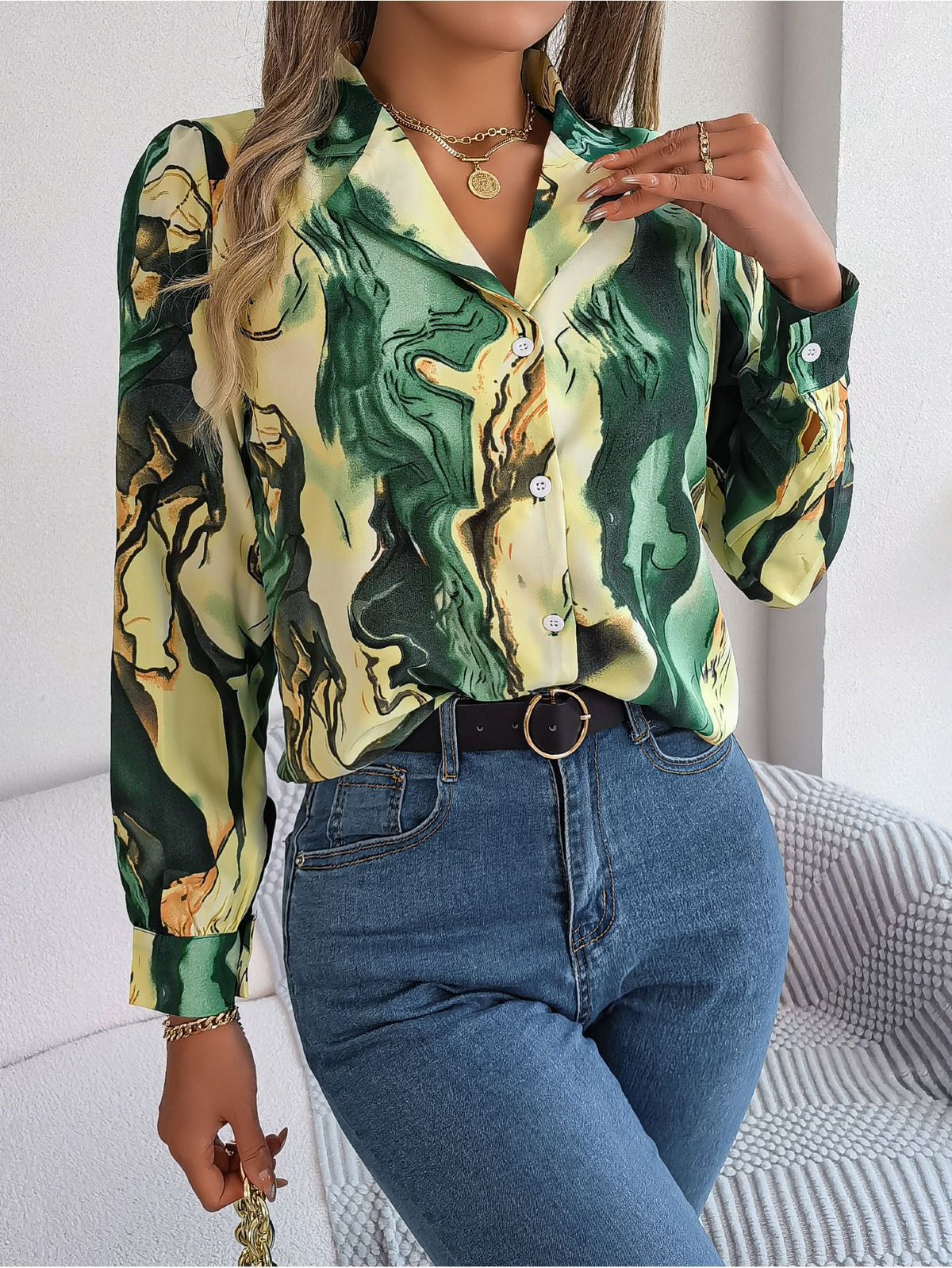 Abstract Marble Print Button Down Shirt - Green