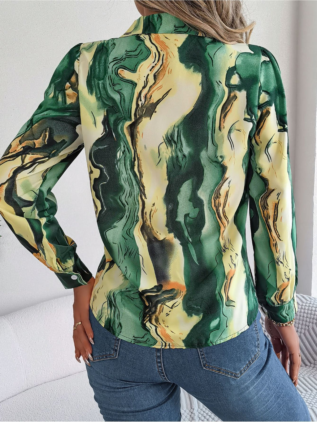 Abstract Marble Print Button Down Shirt - Green - 1