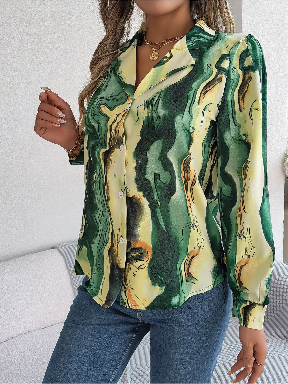 Abstract Marble Print Button Down Shirt - Green - 2