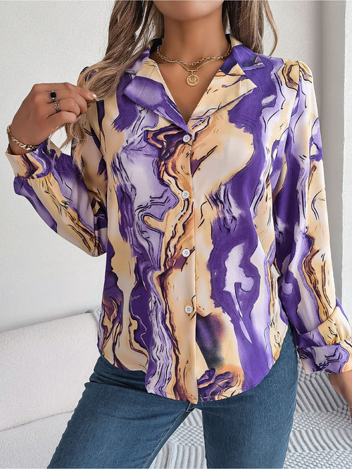 Abstract Marble Print Button Down Shirt - Purple