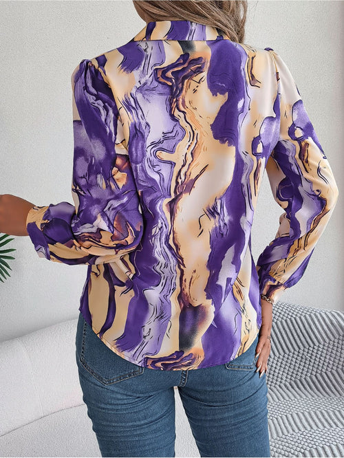 Abstract Marble Print Button Down Shirt - Purple - 1