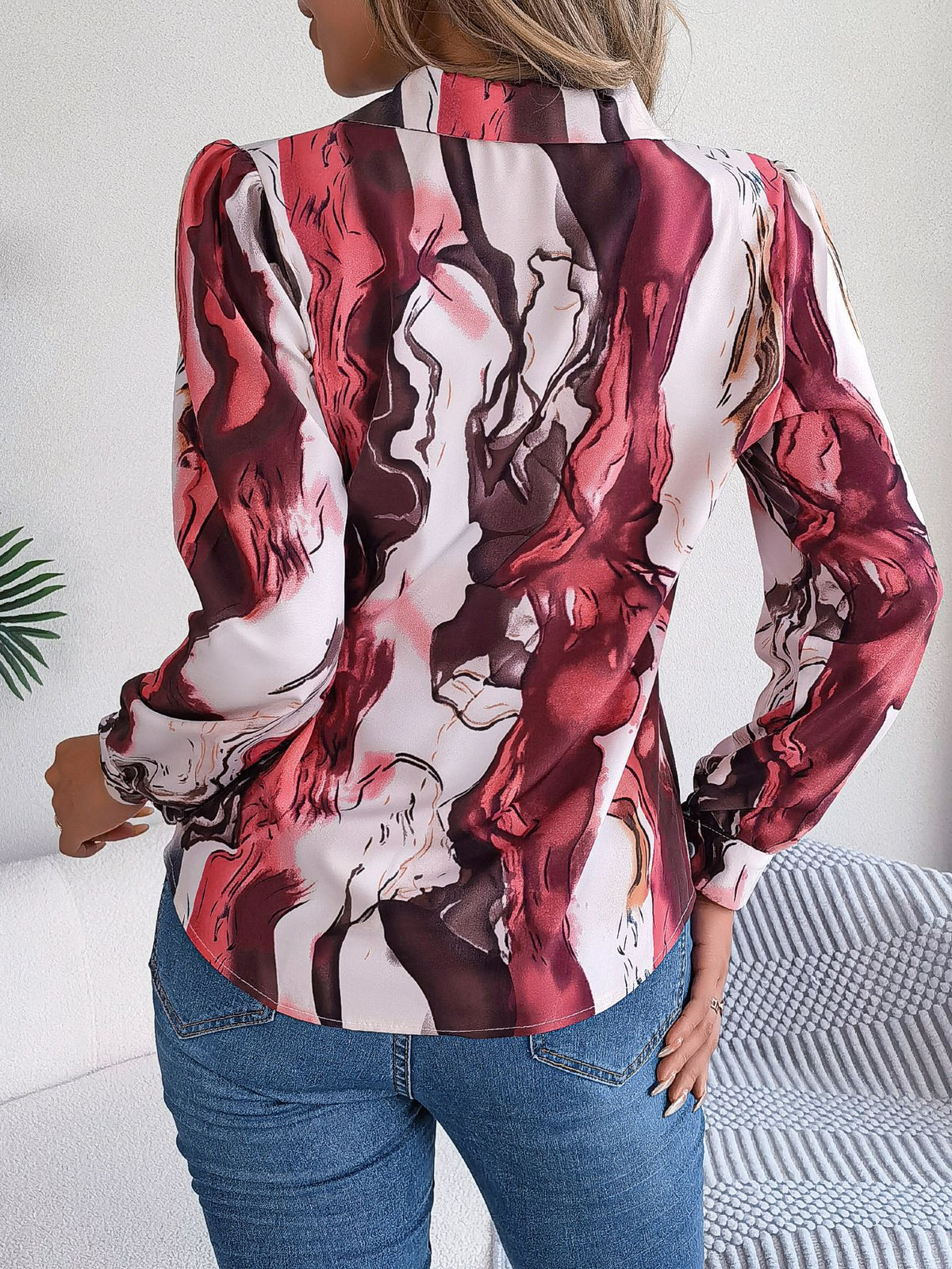 Abstract Marble Print Button Down Shirt - Wine_red - 2