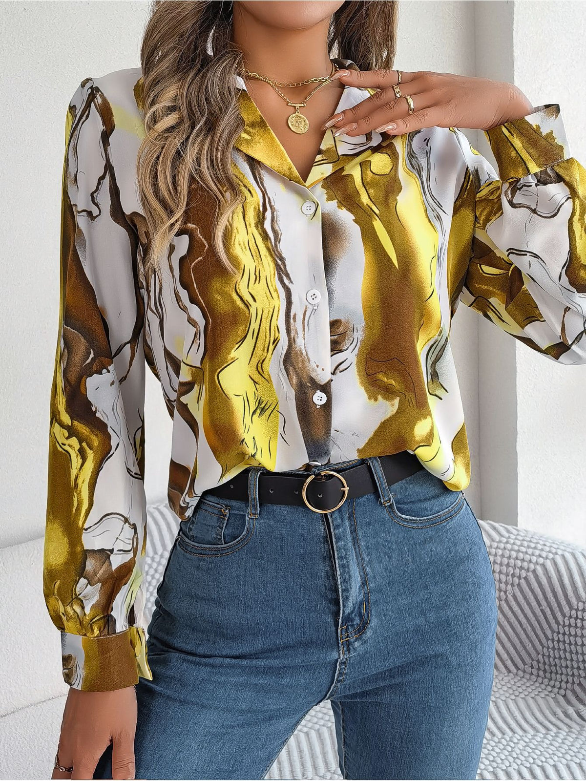 Abstract Marble Print Button Down Shirt - Yellow